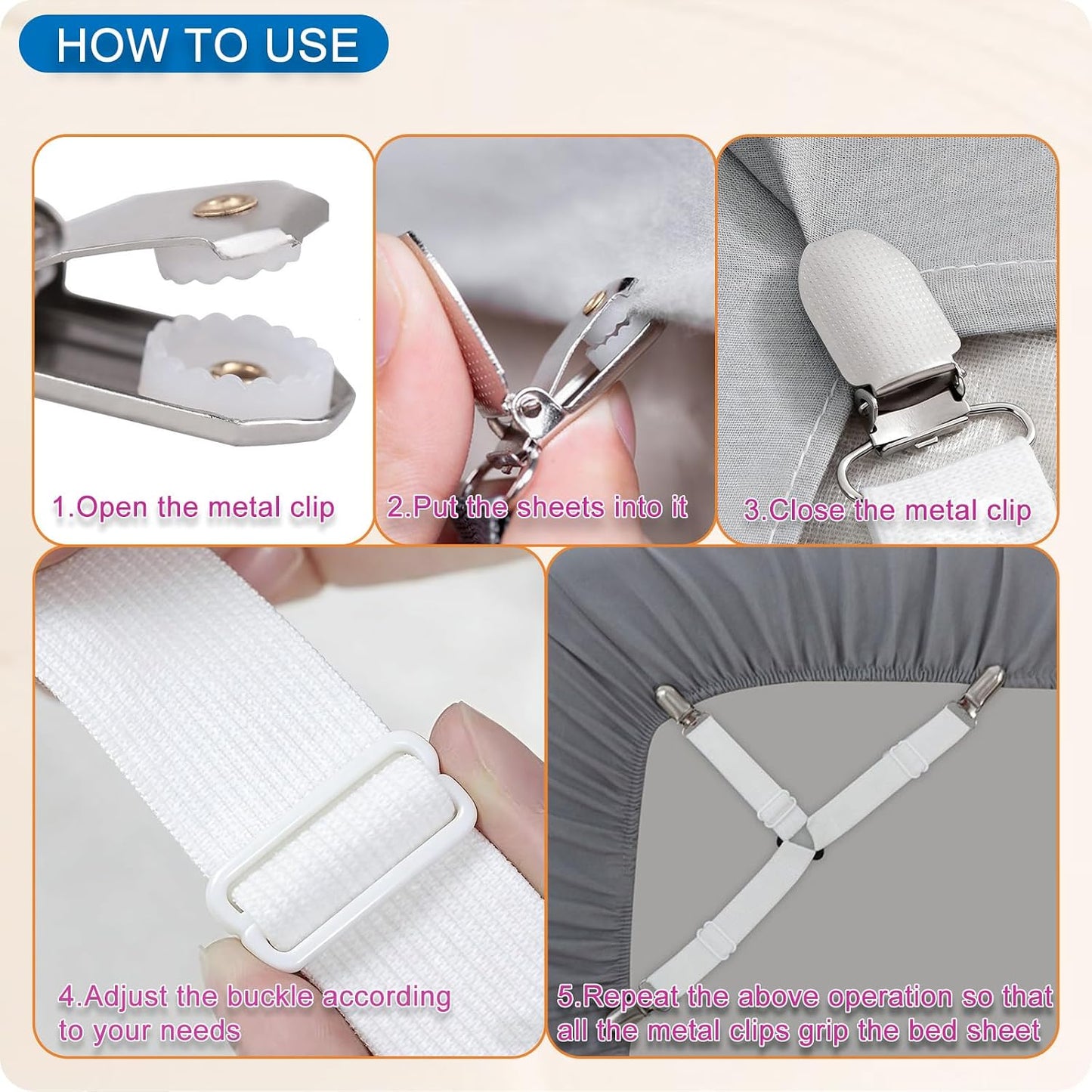 4 Pack Bed Sheet Holder Straps, Sheet Fastaner for Fitted Sheets | Adjustable Elastic Sheet Keepers with Metal Clips, Keep in Place Fitted Bedding Straps, Firm Tight Suspenders for Mattress