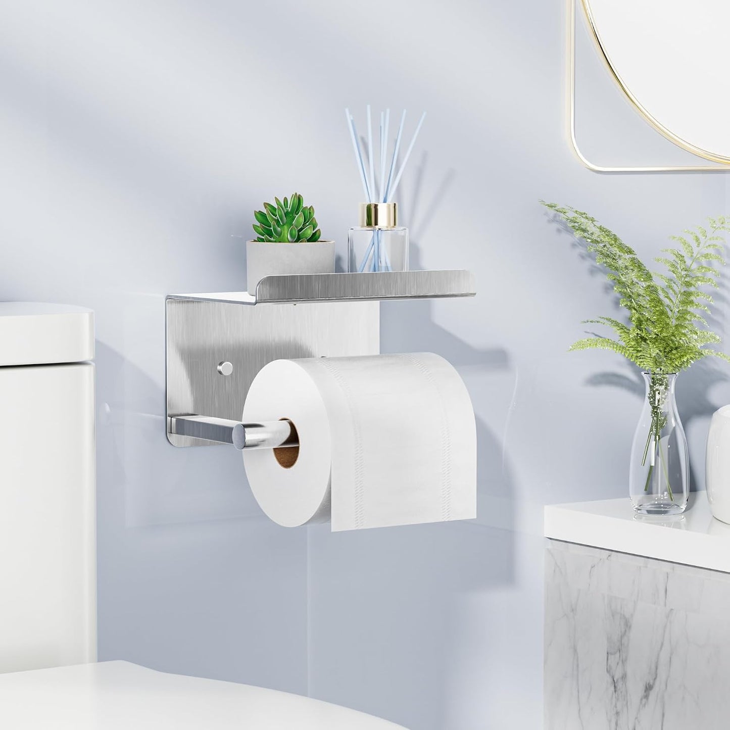 Adhesive Toilet Paper Holder with Shelf, Stainless Steel, Silver | Two Installation Ways:Self Adhesive or Wall Mount, Stick On Toilet Paper Holder, Peel and Stick, Bath Tissue Holder, Bathroom
