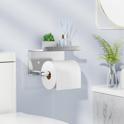 Adhesive Toilet Paper Holder with Shelf, Stainless Steel, Silver | Two Installation Ways:Self Adhesive or Wall Mount, Stick On Toilet Paper Holder, Peel and Stick, Bath Tissue Holder, Bathroom