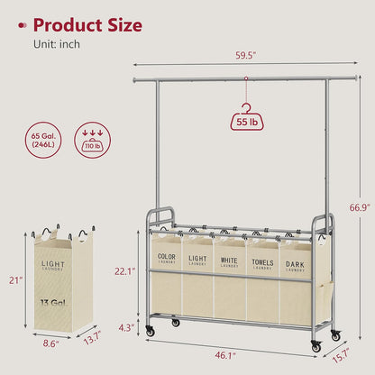 Laundry Cart with Hanging Rack, 65 Gal. Large Laundry Hamper, Beige | Rolling Laundry Cart with Hanging Bar with Removable Bag and Lockable Wheels, Separator Hamper Cart for Bedroom, Bathroom