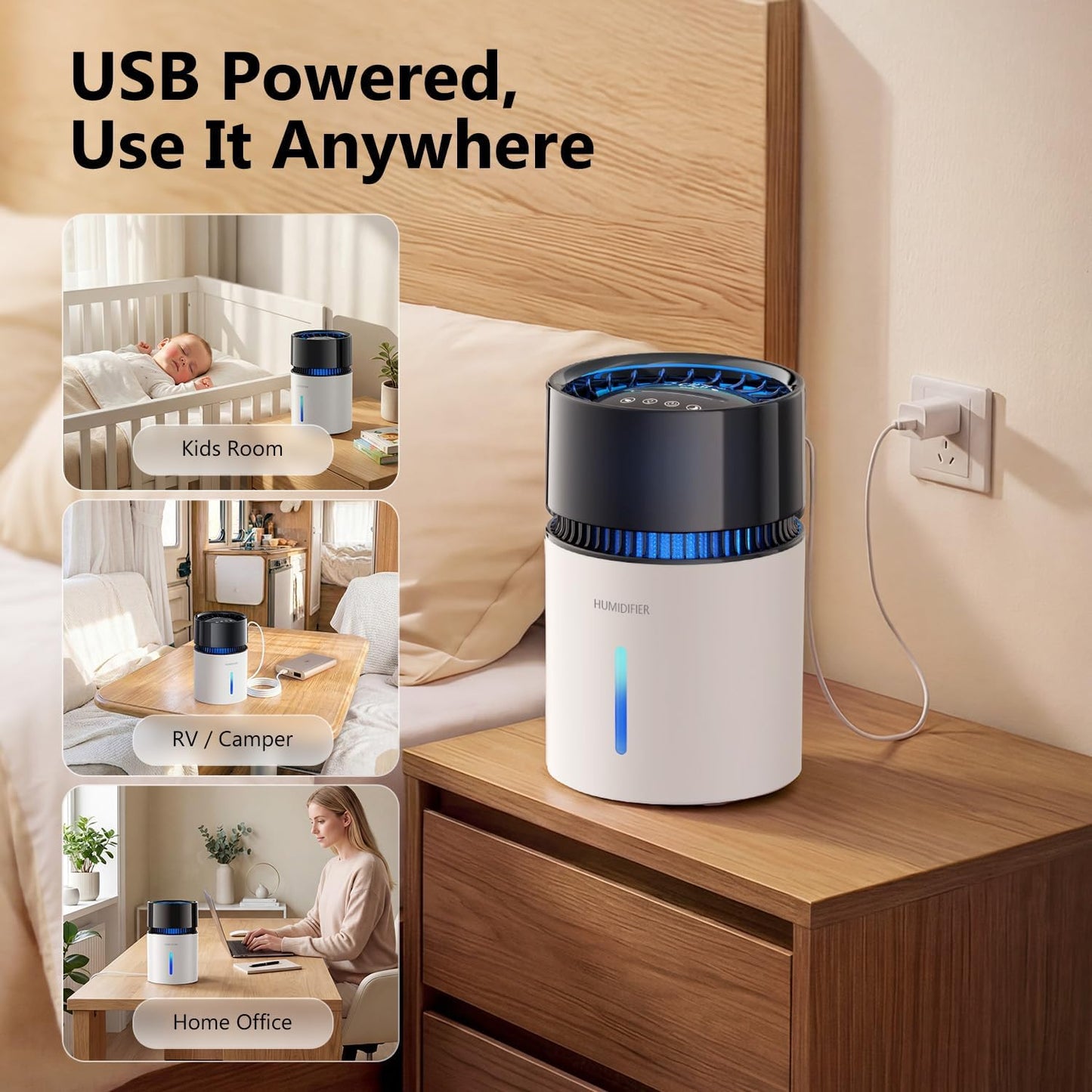 Mist-Free Evaporative Humidifier for Bedroom, Top Fill Humidifier Work with Tap Water, Touch Control,USB Powered, Sleep Mode, Night Light,1–8H Timer, Easy-Clean Design for Home Office-3L