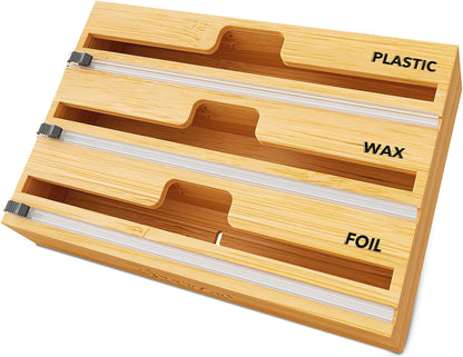SpaceAid WrapNeat 2 in 1 Wrap Organizer with Cutter and Labels, Plastic Wrap, Aluminum Foil and Wax Bamboo Dispenser for Kitchen Storage Organization Holder for 12" Roll (Natural, 2-Slot)