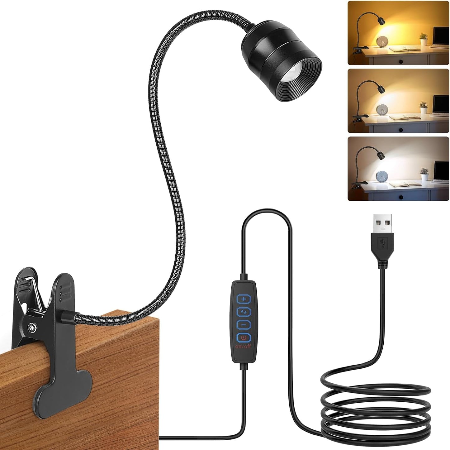 Clip on Light - 2 Pack Dimmable Reading Lights for Bed with 3 Color Modes & 10 Brightness & 15°- 80° Adjustable Angle, 360° Gooseneck USB LED Book Lamp with Clamp for Study Headboard Dorm