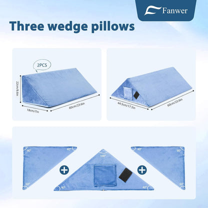 Fanwer Positioning Wedge Pillow for Side Sleeping (3 in 1), 40 Degree Triangle Bed Wedges & Body Positioners for Back Pain, Preventing Bedsores, After Surgery, Knees Elevated, Pregnancy