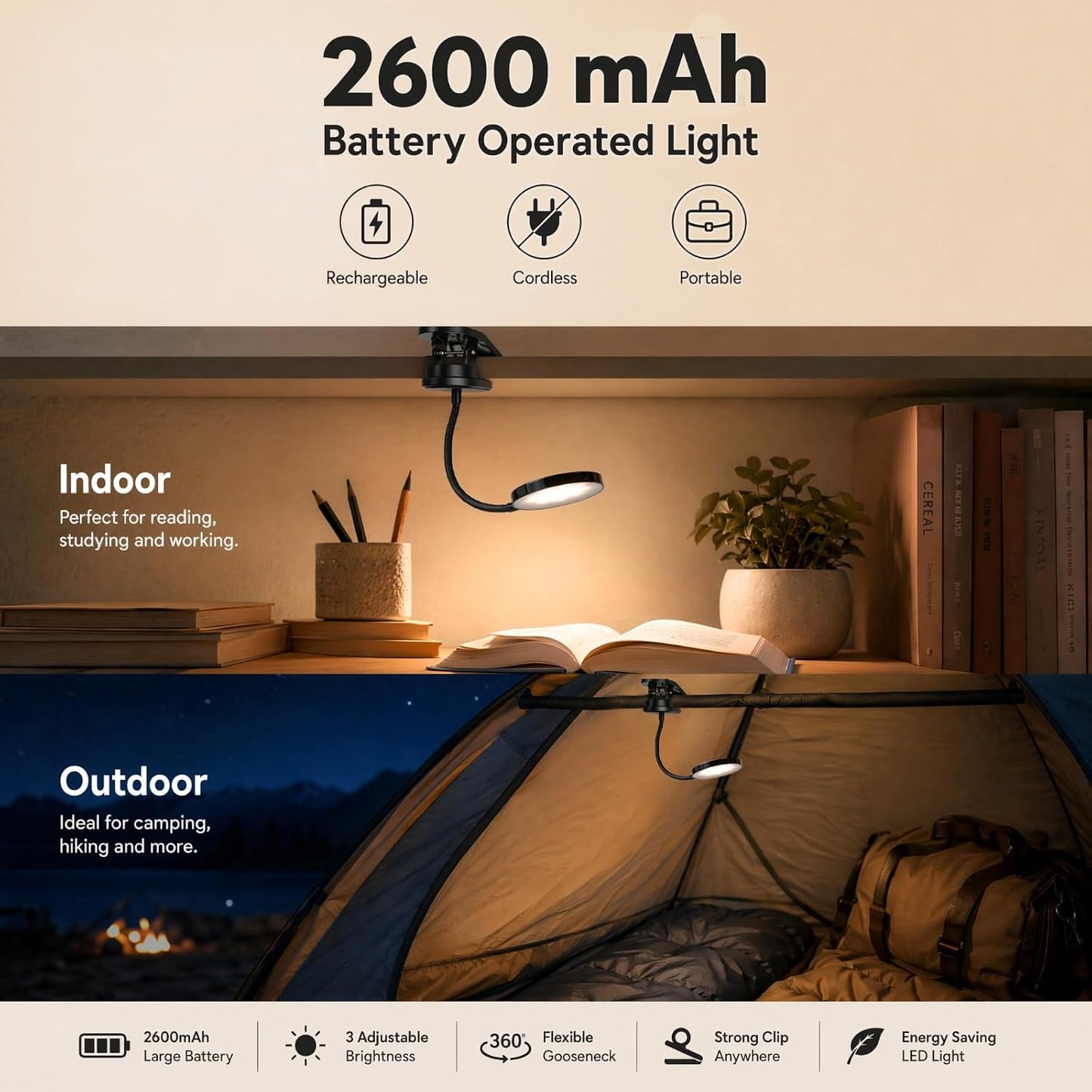 Clip on Light, Stepless Dimmable & 3 Colors Touch Control Clip On Bed Light. 2600mAh Rechargeable Reading Lights for Books in Bed, Headboard and Bedside Table Lamp, Reading Light For Dorm/Home