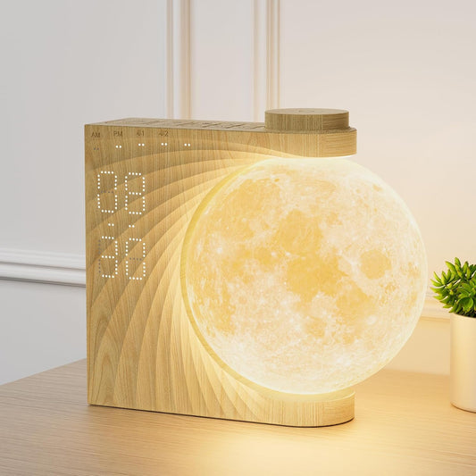 RETEYUNG Rotatable Moonlight Sunrise Alarm Clock,Sound Machines, Night Lamp for Bedrooms with Snooze, 10 Light Effects, 30/60/90 Timer, 10 Sleep Nature Sounds,15 Ringtones,12 Volume(Light Woodgrain)