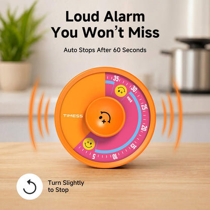 60-Minute Visual Timer, Twist to Set, Loud Battery-Powered Alarm, Minimalist Rotary Countdown Dial for Office, Study, Work & Home Time Management (Black)