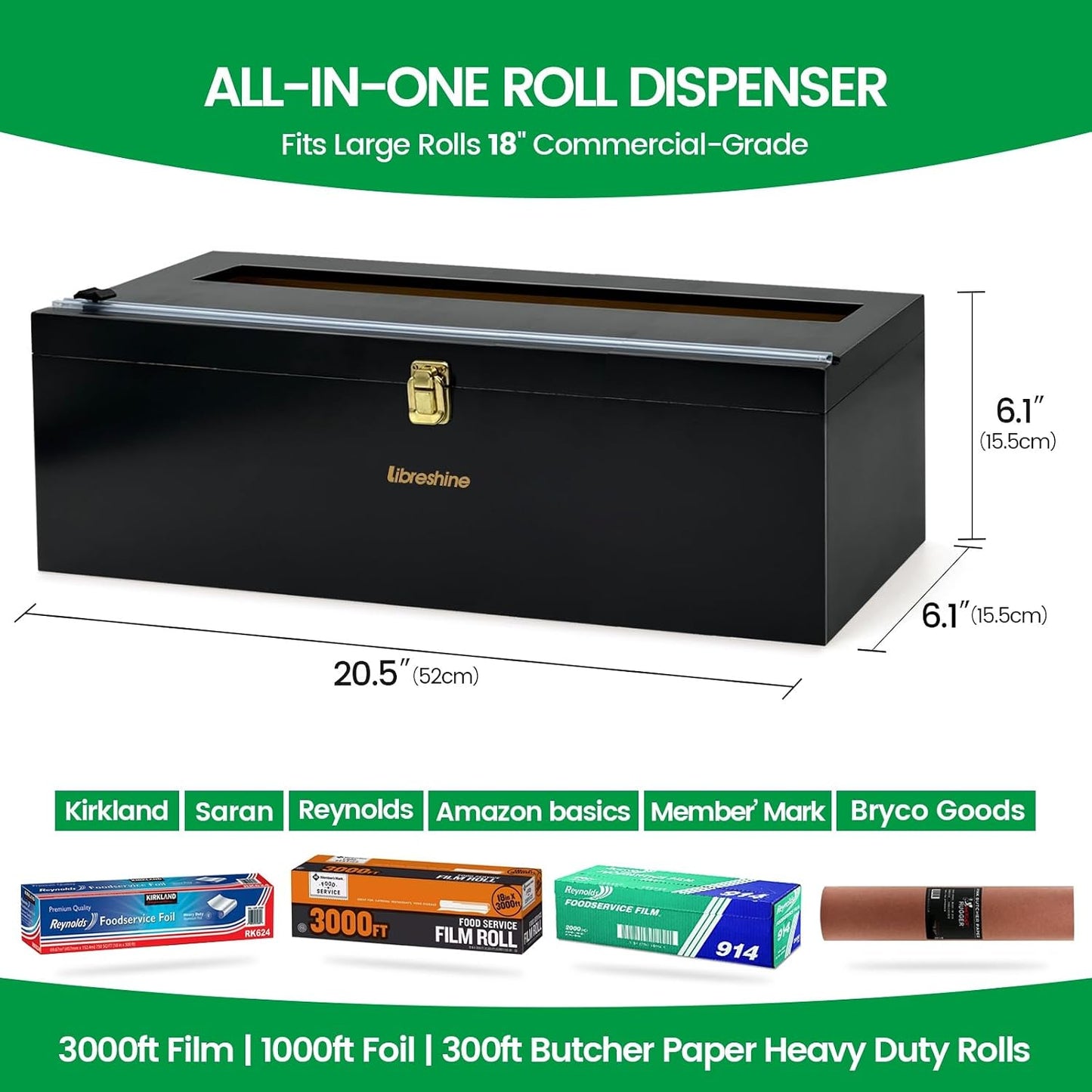 Bamboo 18 Inch Commercial Plastic Wrap Dispenser with Cutter | Bamboo paper roll cutter with low-noise roller; fits up to 3000ft food service film, 500–1000ft foil and select paper rolls