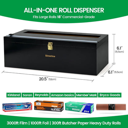 Bamboo 18 Inch Commercial Plastic Wrap Dispenser with Cutter | Bamboo paper roll cutter with low-noise roller; fits up to 3000ft food service film, 500–1000ft foil and select paper rolls