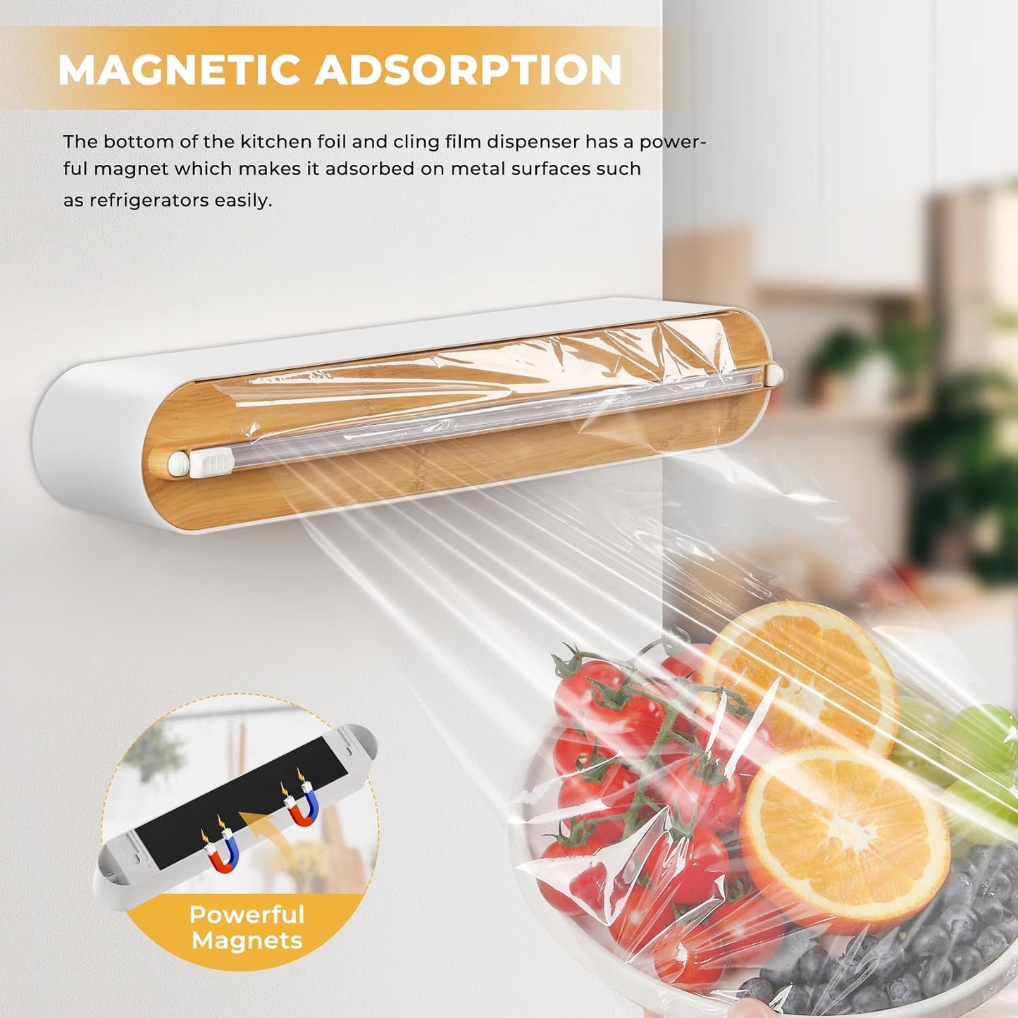 Aluminum Foil & Plastic Wrap Dispenser with Slide Cutter - Magnetic & No-Drill Wall Mount, Cling Film Dispenser for Worktops & Cabinets, Space-Saving Kitchen Organizer - Fits 12" Rolls, White
