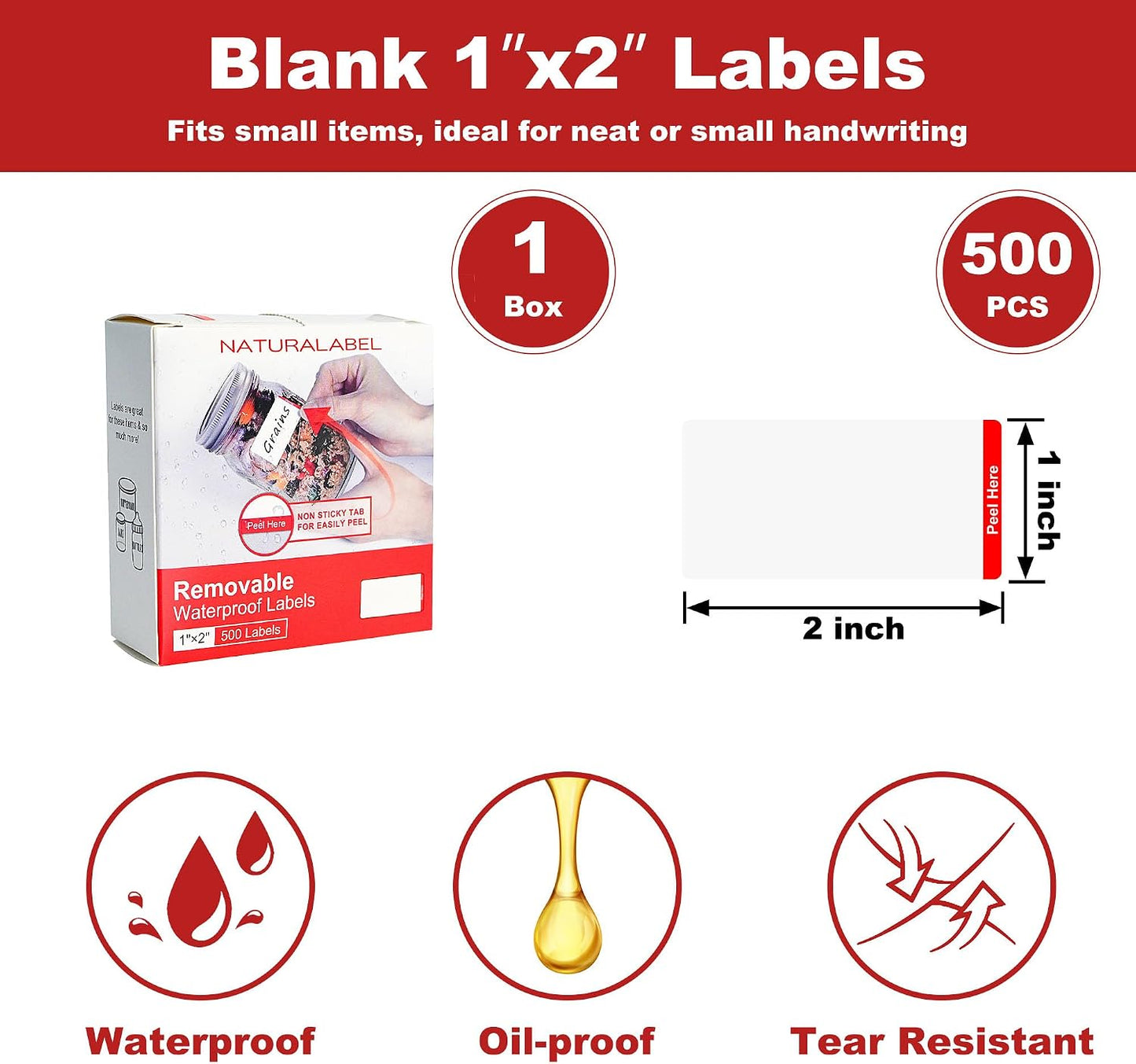 Removable Freezer Labels with Dispenser, 1" x 2", 1 Box (Blank) | Writable, remove no residue, waterproof & oilproof, easy peel-off design, 500 labels per box, for meal prep containers