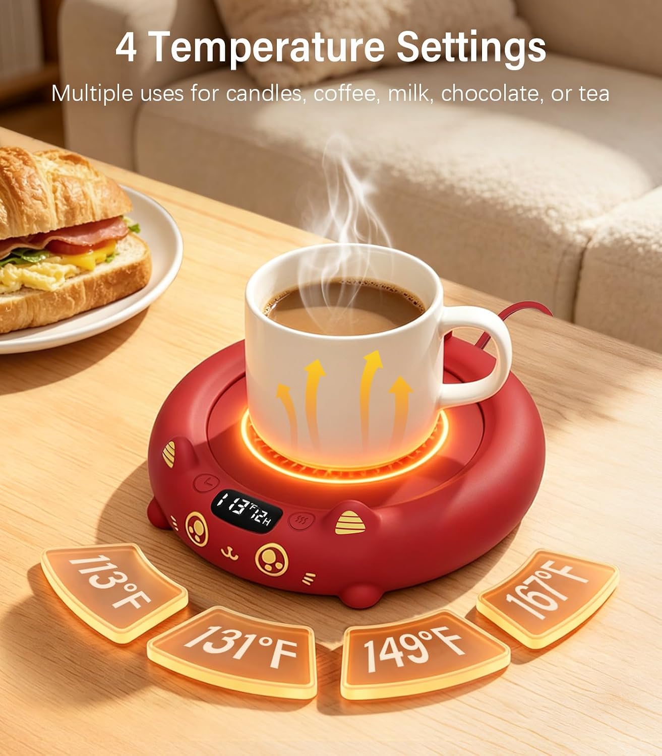 Supsonic Coffee Mug Warmer, Cup Warmer for Desk with 4 Temp Settings | Fast heating beverage, 2-12h Auto shut-off, Constant temperature, Smart gift for women men, Works with tea, milk, candle