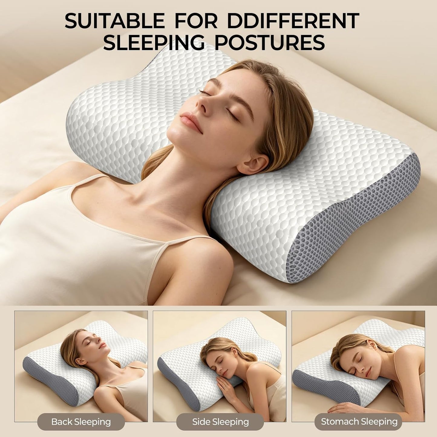 Polovo Cervical Neck Pillow for Pain Relief - Ergonomic Side Sleeper Pillow for Deep Sleep, Contour Memory Foam Pillows for Sleeping Bed Pillow for Side Back Stomach Sleepers(Grey)