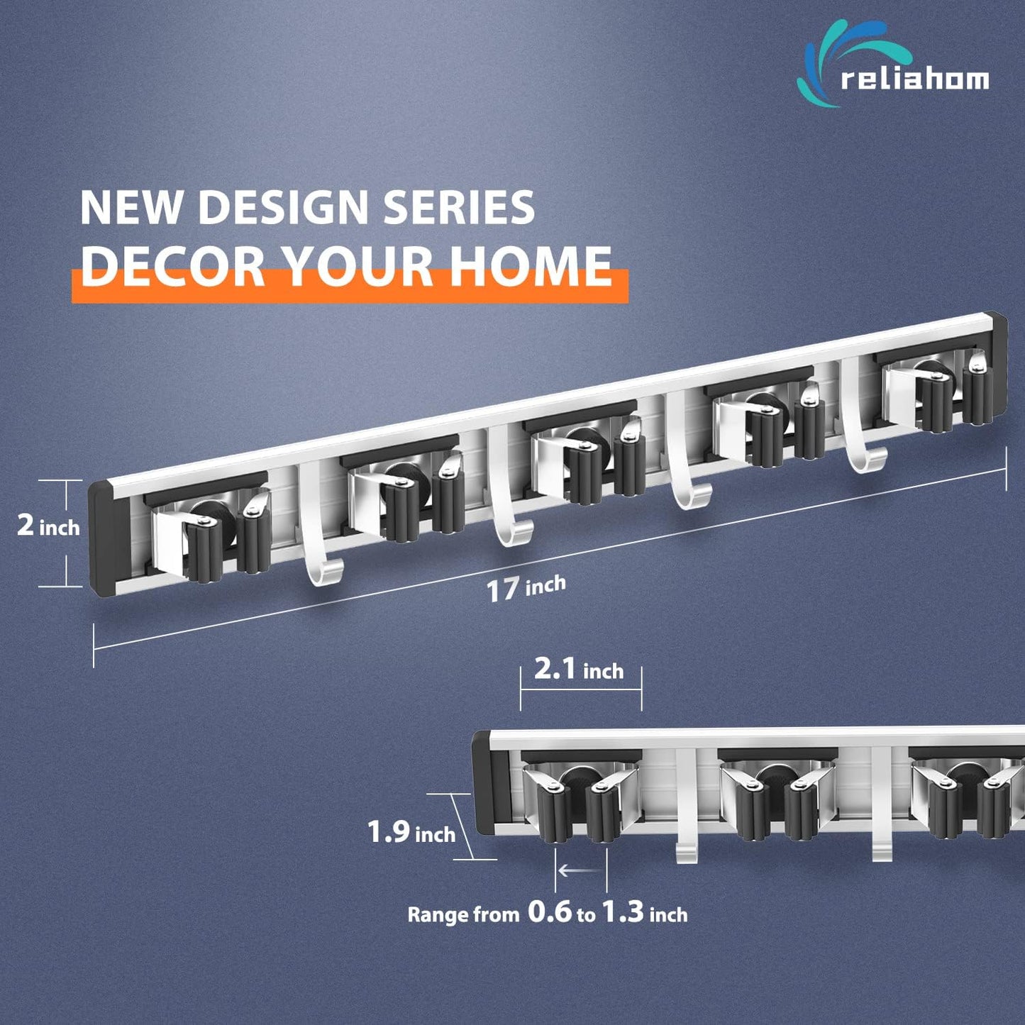 reliahom Broom Holder Wall Mount Mop Hanger Tools organizer 5Racks 4Hooks | Adjustable Mop Broom Wall Hanging Heavy duty Tools Storage Rack Space-saving for Garage,Kitchen,Laundry Room,Garden, Silver