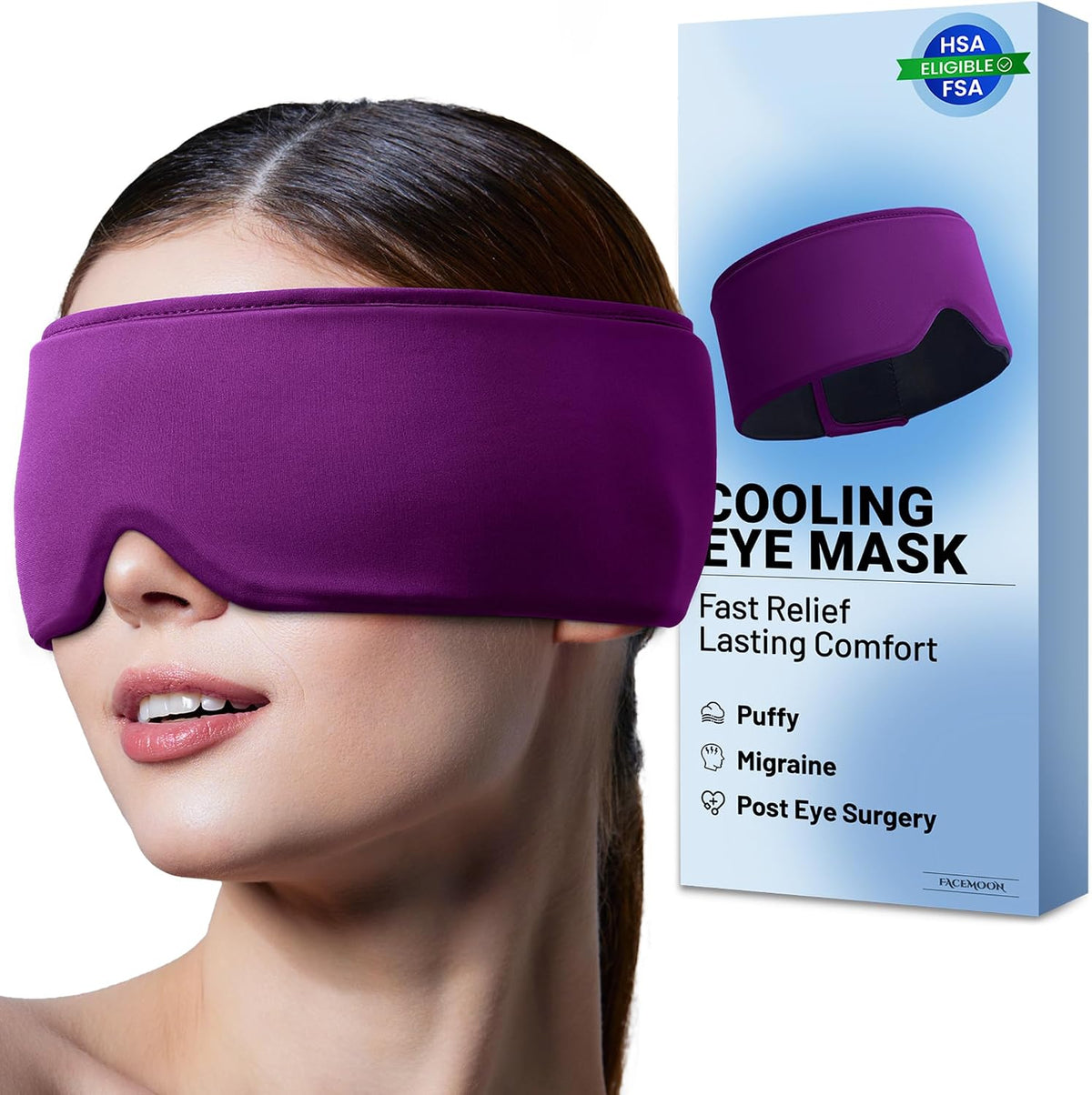 Cooling Gel Eye Mask for Puffy Eyes, Migraine & Headache Relief, Full Eye-Area Cold Compress for Eyes & Temples, FSA Eligible HSA Reusable Eye Ice Pack for Swelling & Post-Surgery Recovery