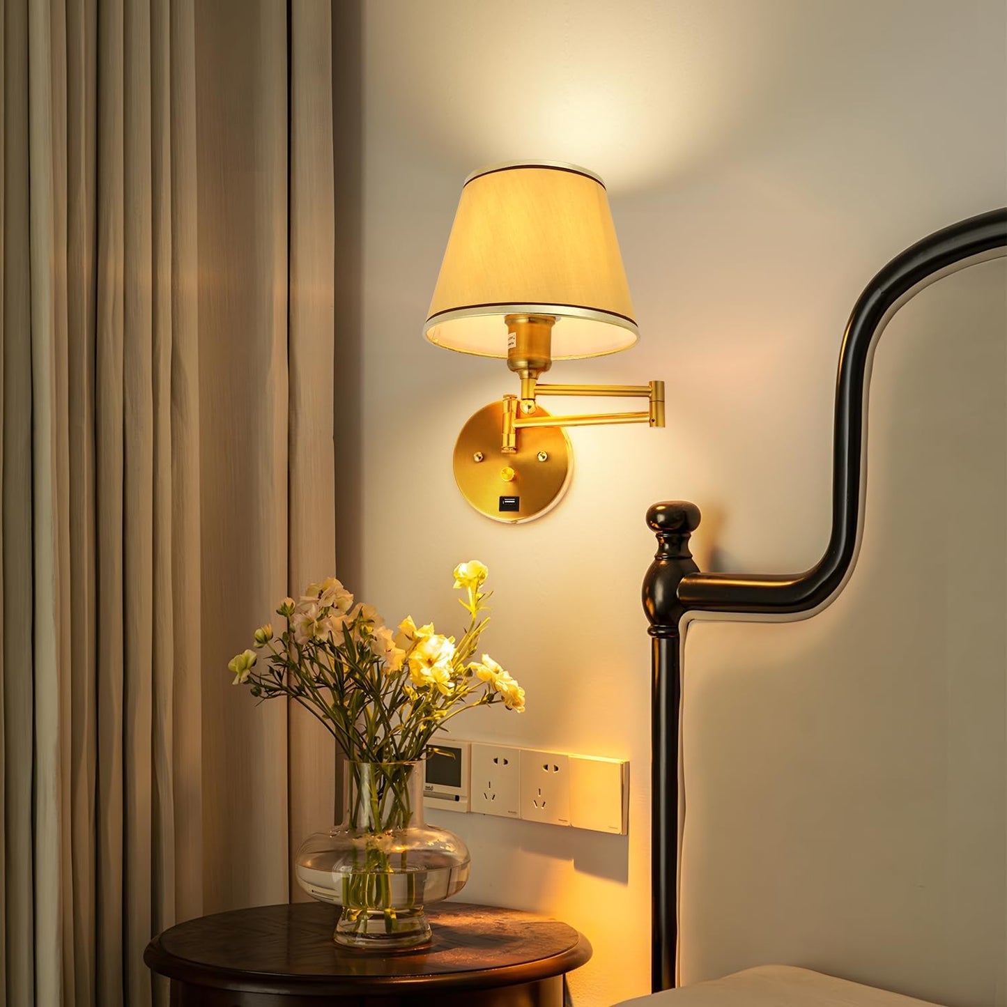 Swing Arm Wall Lamp Plug in Wall Sconces Adjustable Vintage Industrial Reading Light Bedside Wall Mount Light with Dimmable Switch and USB Port Black