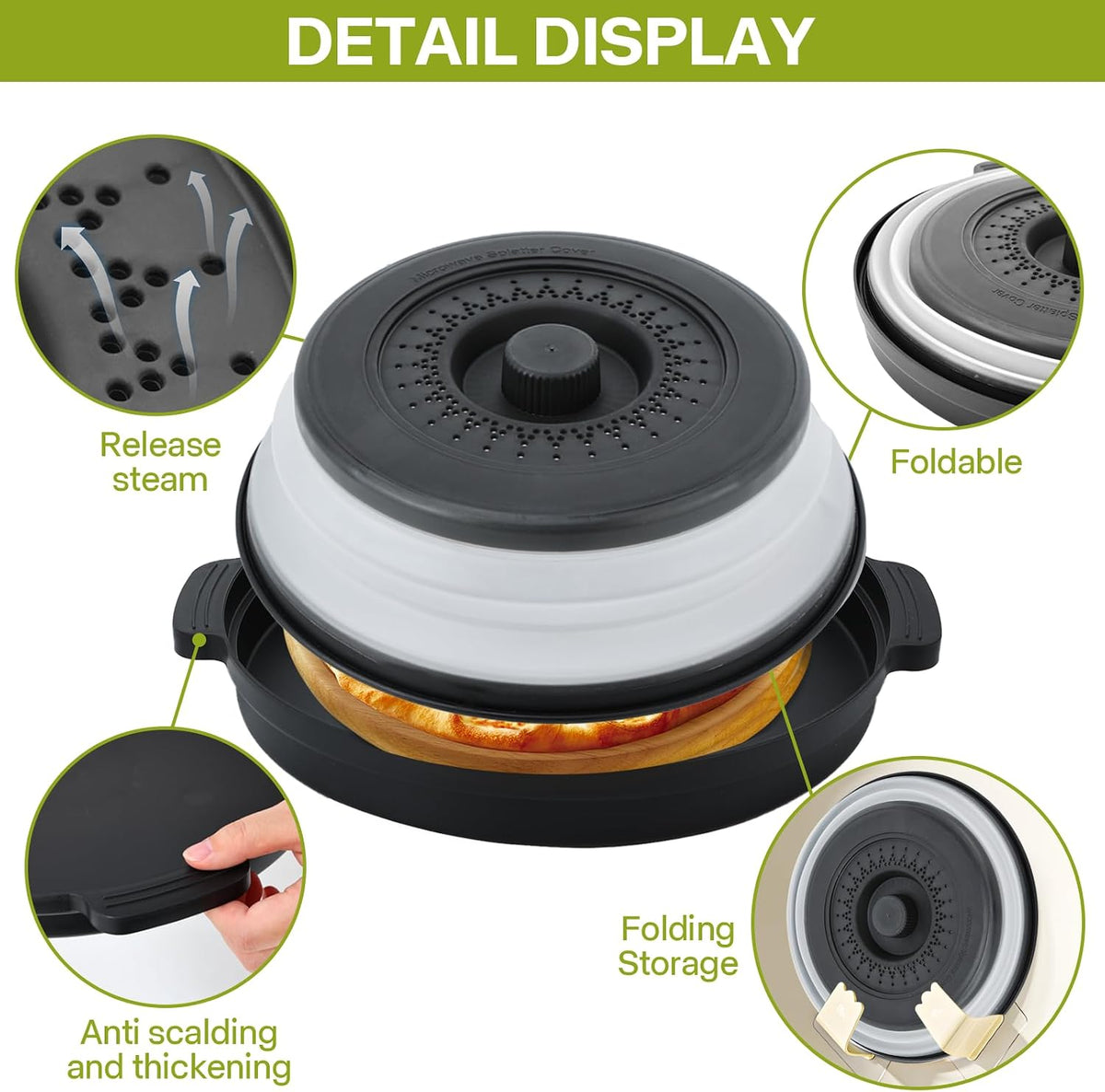 Microwave Splatter Cover for Food with Anti-Scald Base Plate and Handles, Large BPA-Free Silicone Vented Collapsible Guard Lid, Kitchen Essential Gadget for Meal Prep, 10.7 Inch(gray)