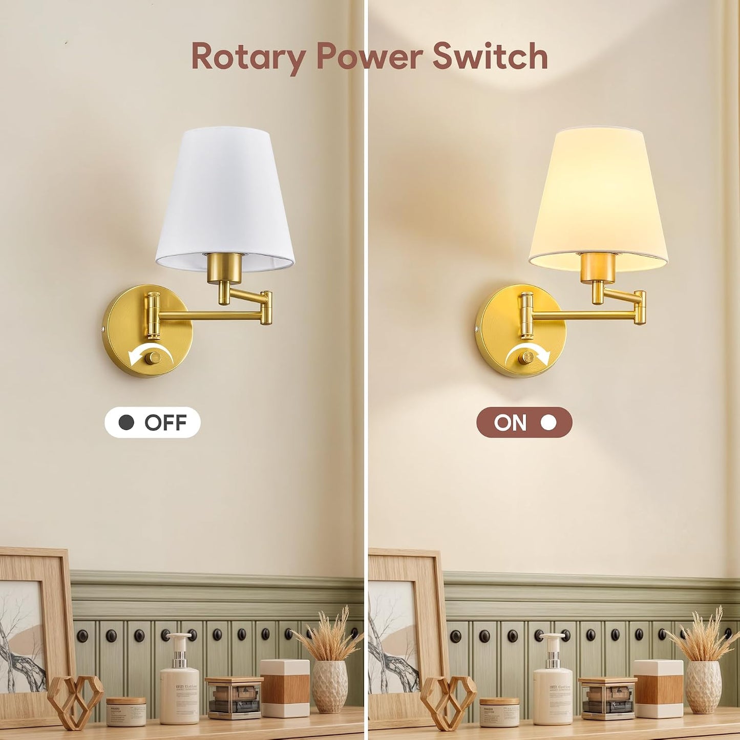 VONLUCE Wall Lamp, Plug in & Swing Arm Wall Sconce, Nickel Finish | Modern Wall Lights with White Fabric Shades, Plug in & Hardwired Wall Mounted Light for Bedside, Living Room, Hallway