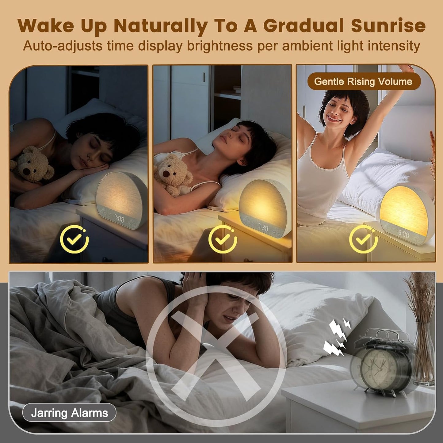 JONRRYIN Sunrise Alarm Clock Wake Up Light for Heavy Sleeper with Remote | 37 White Noise Sounds, Tap Snooze, Bluetooth, USB Charging, 15 Color Night Light, Ideal for Kids, Adults, Reading & Nursery