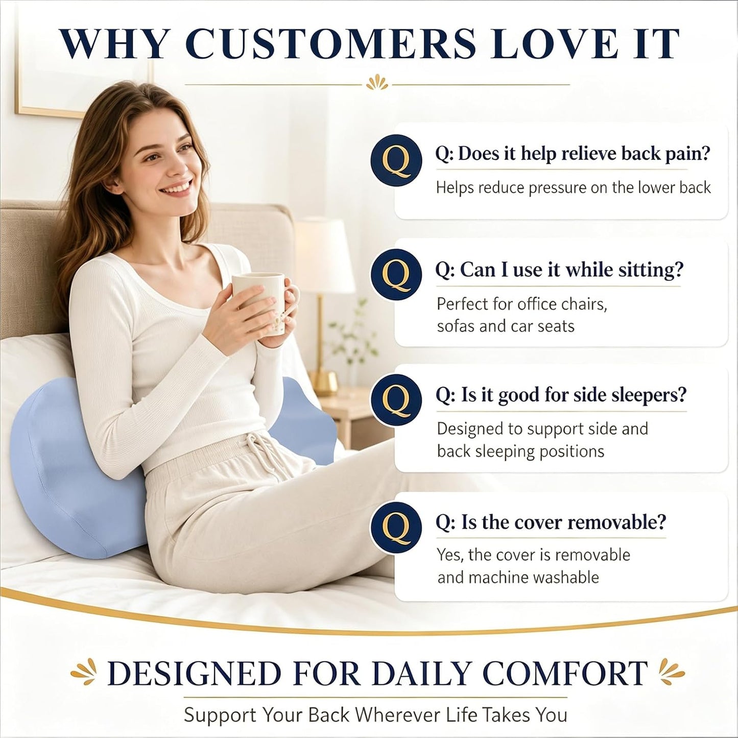 Fledano Lumbar Support Pillow for Bed – Memory Foam Lower Back Pain Relief Pillow for Sleeping, Ergonomic Lumbar Pillow for Side & Back Sleepers, Sciatica & Hip Pain Relief, Washable Cooling Cover
