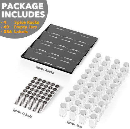 SpaceAid Spice Drawer Organizer with 28 Spice Jars, 386 Spice Labels, 4 Tier Seasoning Rack Tray Insert for Kitchen Drawers, 13" Wide x 17.5" Deep