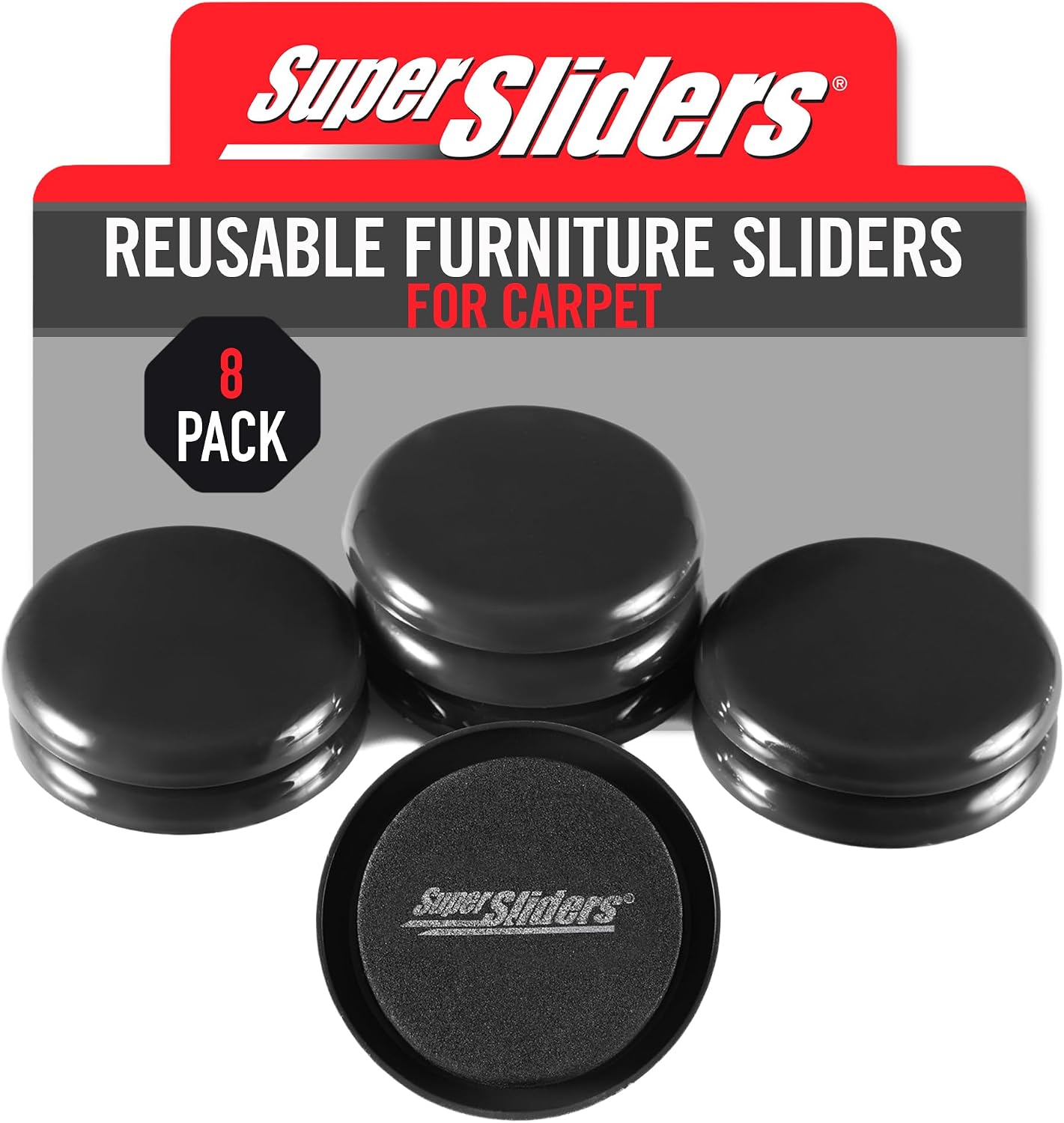 Super Sliders 2-1/2" Round Reusable Furniture Sliders for Carpet, Anti-Slip Protective Furniture Moving Pads for Beds, Sofas, Dressers, Set of 8, Black