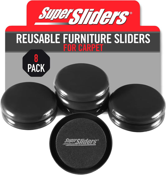 Super Sliders 2-1/2" Round Reusable Furniture Sliders for Carpet, Anti-Slip Protective Furniture Moving Pads for Beds, Sofas, Dressers, Set of 8, Black