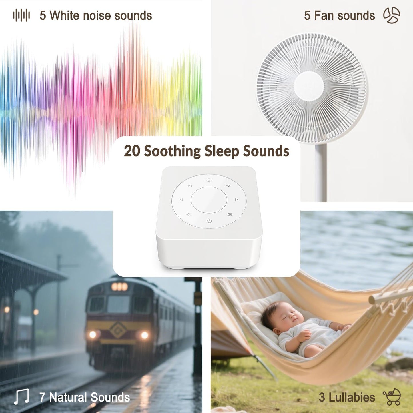 White Noise Sound Machine, Noise Machine for 20 Soothing Sounds, 2 Customizable Shortcut Buttons, Timer, Memory Function, USB-A Cable Included (Battery&Adapter NOT Included)for Baby, Kids&Adult(Black)