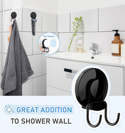 VIS'V Shower Suction Cup Hooks, Removable and Reusable, Black, 2 Pcs | Double Hooks Design, Heavy Duty, Strong Vacuum Suction, Fits for Smooth Flat Surfaces
