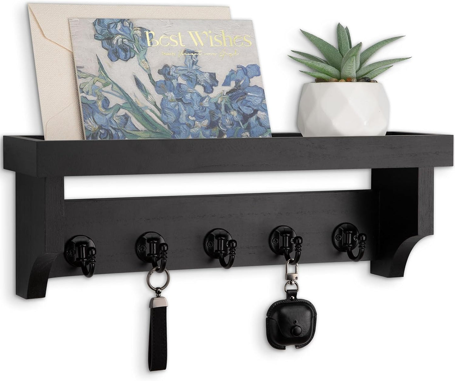 Key and Mail Holder Wall Mount, Mail Organizer with 5 Key Hooks | Key Holder with Shelf, Key Holder for Coat, Dog Leash, Home Decor Rack, Entry Way Organizer
