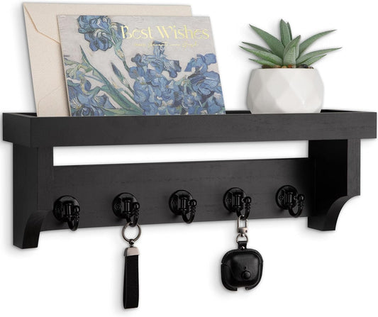 Key and Mail Holder Wall Mount, Mail Organizer with 5 Key Hooks | Key Holder with Shelf, Key Holder for Coat, Dog Leash, Home Decor Rack, Entry Way Organizer