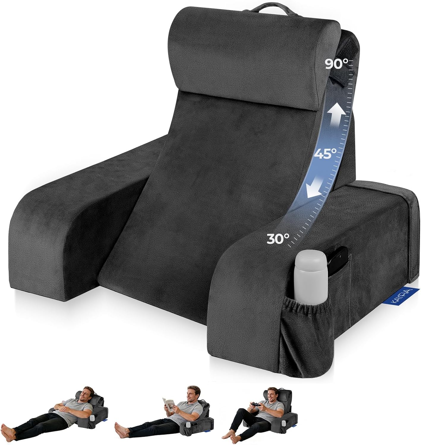 Kayfia Reading Pillow, 30-90° Stepless Adjust Angle & Height, Large, Grey | 2 in 1 Back Wedge Pillow for Bed Sitting up, Adjustable Headrest, Backrest Pillow for Reading/Gaming/Working in Bed or Couch