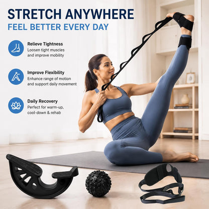 3-in-1 Calf Stretcher & Foot Rocker Kit, Portable Physical Therapy Tool with Leg Stretch Strap & Foot Massage Ball, Relief for Plantar Fasciitis, Achilles Tendonitis, Heel Pain, Yoga, Running