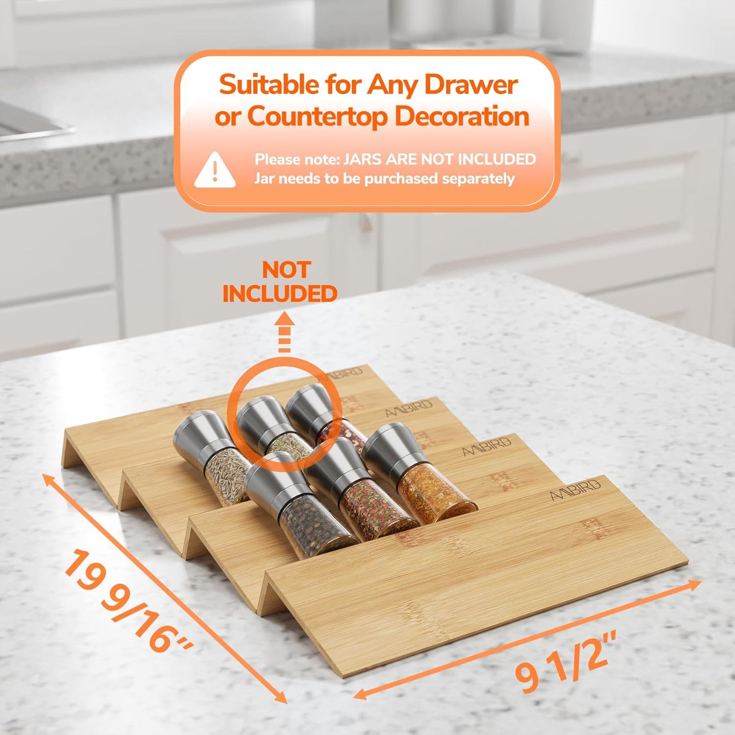 AMBIRD Bamboo Spice Drawer Organizer with Non-slip Mat,4 Tier - 2 Set Jar Spice Rack Tray From 9.5''to 19'', Seasoning Organizer for Kitchen,Cabinet,Drawers,Countertop