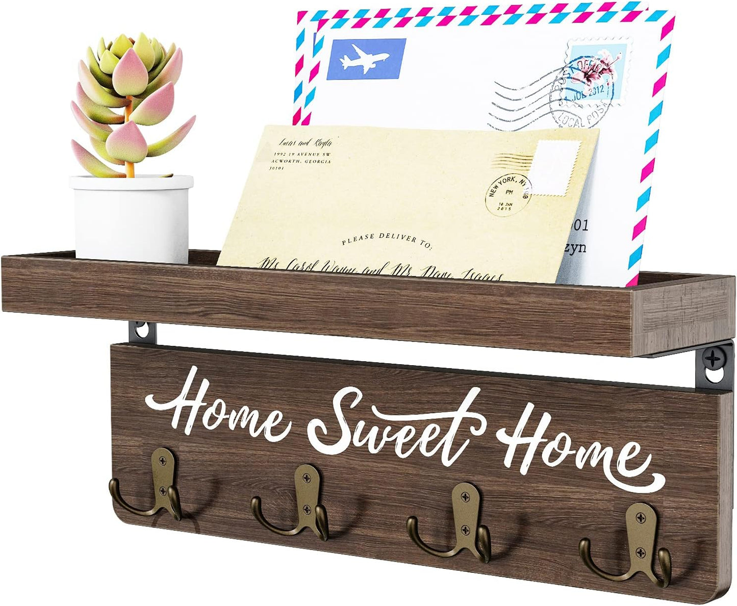 buways Key Holder Wall Mount with 8 Hooks and Cozy Home Sign (Gray) | Solid Wood, Floating Shelf for Keys, Mail, and Daily Essentials in Entryways, Hallways or Home Decor