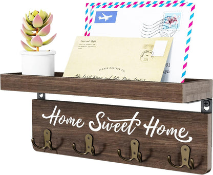 buways Key Holder Wall Mount with 8 Hooks and Cozy Home Sign (Gray) | Solid Wood, Floating Shelf for Keys, Mail, and Daily Essentials in Entryways, Hallways or Home Decor