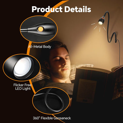 Wall Mounted Reading Light, Minimalist Headboard Mount Book Light, Dimmable LED with Lamp Head Switch Reading Lamp, USB-C Powered, CRI 95+ (4000K + Amber Nightlight) (Black)