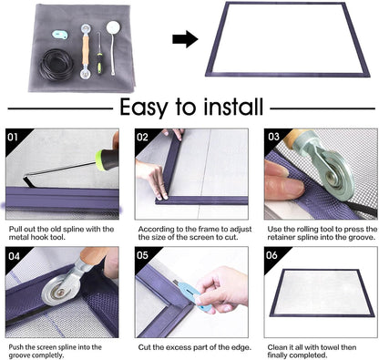 Windows Screen and Screen Door Repair Kit, 48"x118" Charcoal Fiberglass Mesh with Rolling Tool/Hook/Ruler/Cutter/Spline - Window Screen & Sliding Screen Door Replacement for Windows, TOOLTRIZ