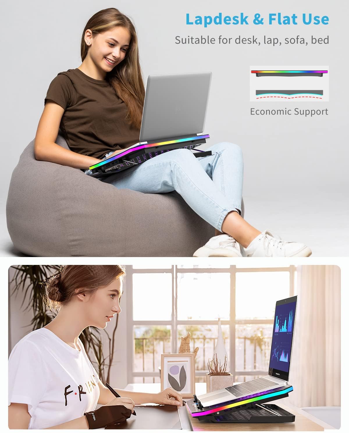 KeiBn Upgarde Laptop Cooling Pad, RGB Lights Laptop Cooler 6 Fans for 15.6-17.3 Inch Laptops, 7 Height Stands, 10 Modes Light, 2 USB Ports, Desk or Lap Use (A8,Blue)