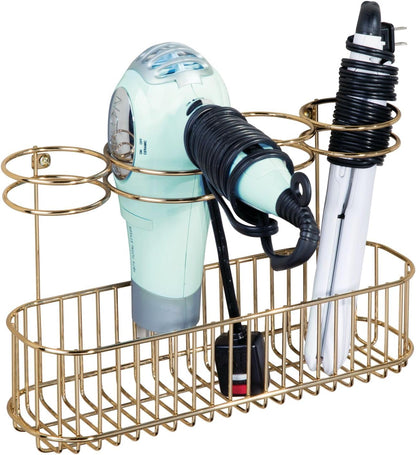 mDesign Hair Dryer Caddy – Wall Mounted Storage Rack with 4 Compartments – Hair Tool Organiser for Dryers, Curling Wands, Straighteners – Brass