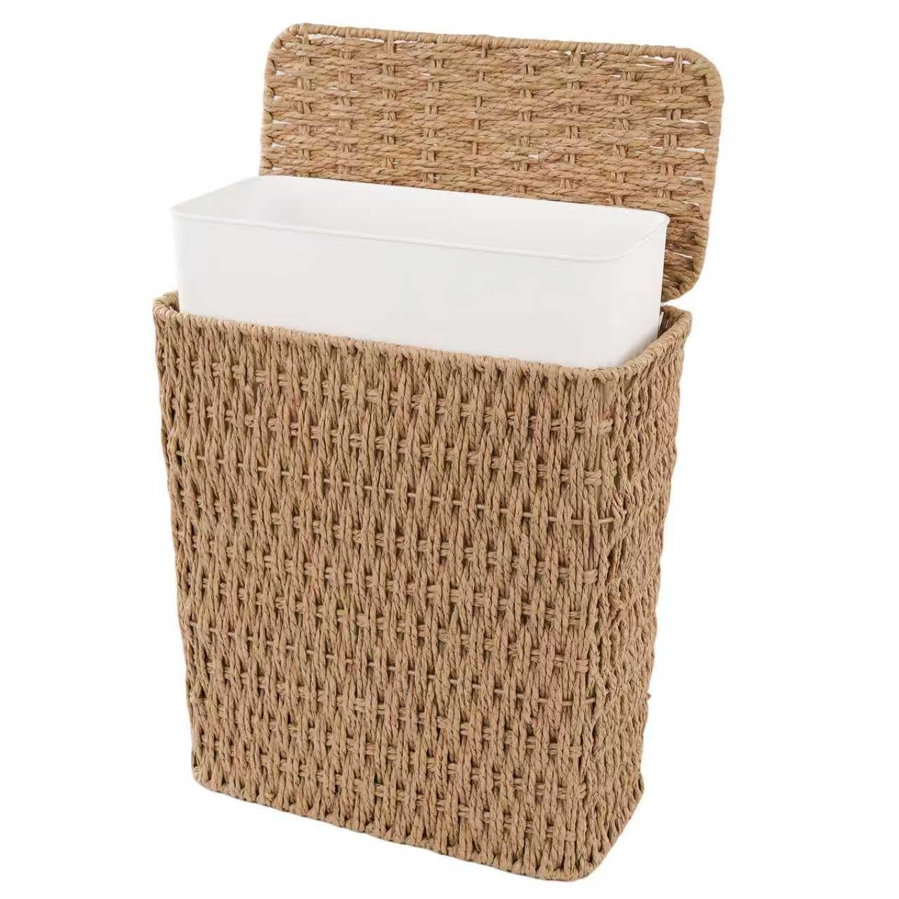 Coeusy 3 Gallon Wicker Trash Can,Small Bathroom Trash Can with Lid,Natural Water Hyacinth Wicker Waste Basket for Bedroom,Toilet,Narrow Garbage Can with Removable Liner