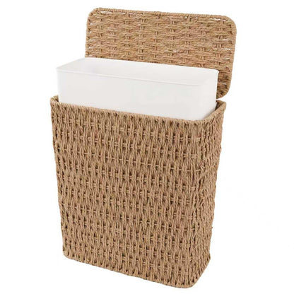 Coeusy 3 Gallon Wicker Trash Can,Small Bathroom Trash Can with Lid,Natural Water Hyacinth Wicker Waste Basket for Bedroom,Toilet,Narrow Garbage Can with Removable Liner
