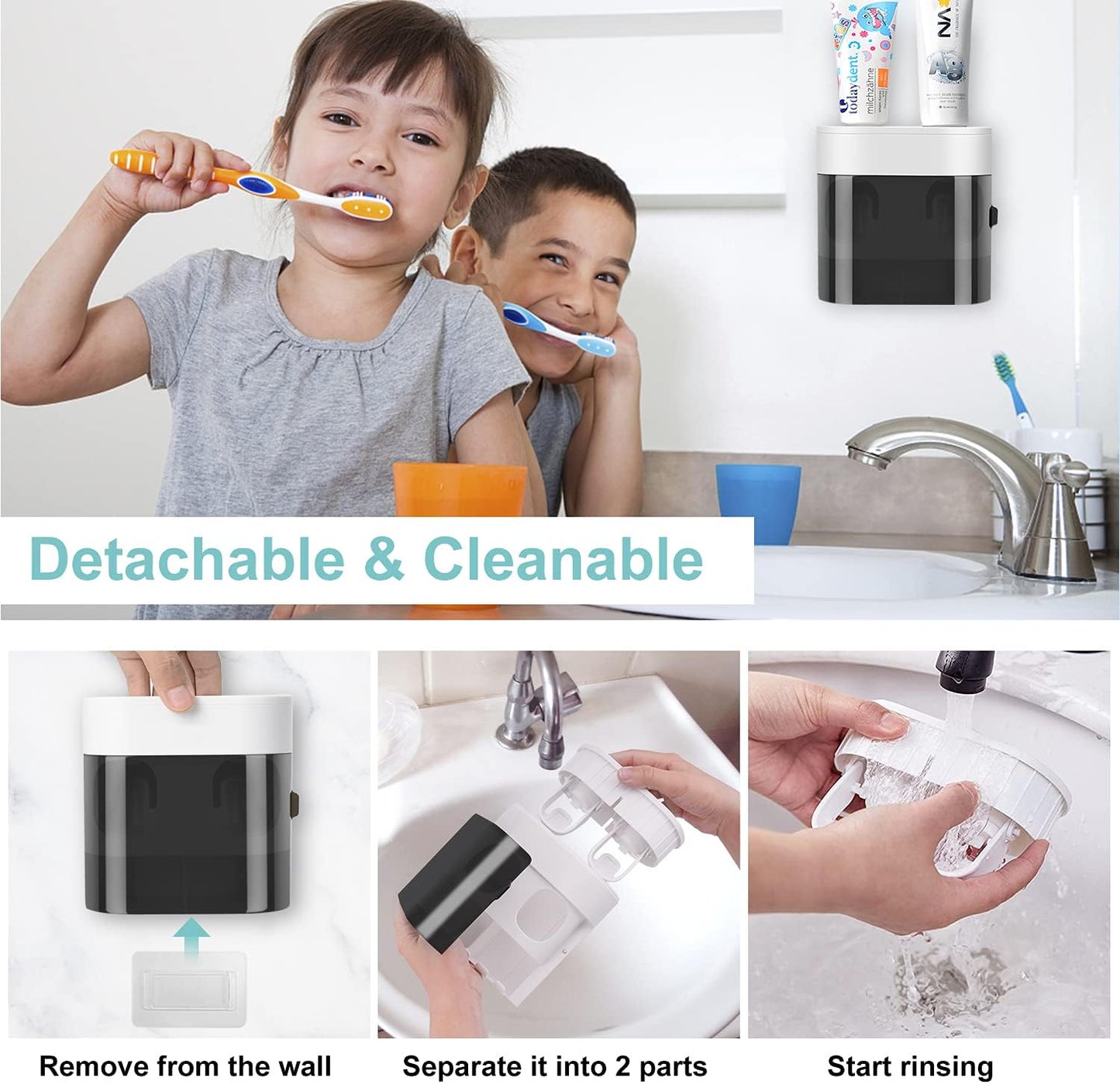 GFWARE Toothbrush Holder Toothpaste Dispenser Wall Mounted with Cover, 4 Slots Tooth Brush Storage Organizer with Automatic Kids Toothpaste Squeezers for Shower Bathroom Black | Automatic Toothpaste dispenser for Kids, Bathroom Storage Organizer with