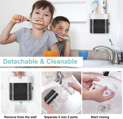 GFWARE Toothbrush Holder Toothpaste Dispenser Wall Mounted with Cover, 4 Slots Tooth Brush Storage Organizer with Automatic Kids Toothpaste Squeezers for Shower Bathroom Black | Automatic Toothpaste dispenser for Kids, Bathroom Storage Organizer with
