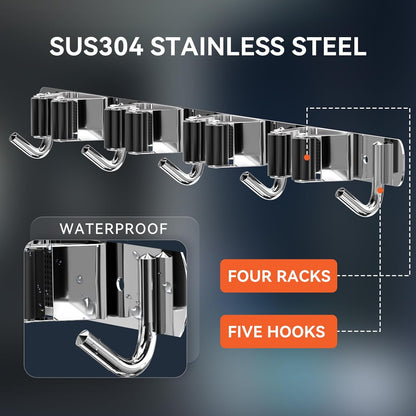ZONGOOL 2 Pack Mop Broom Holder Wall Mount 4 Racks 5 Hooks Storage Black | 304 Rustproof Stainless Steel Broom Hanger, Non-Slip Wall Mount Organizer, Space Saving For Kitchen, Laundry, Garden