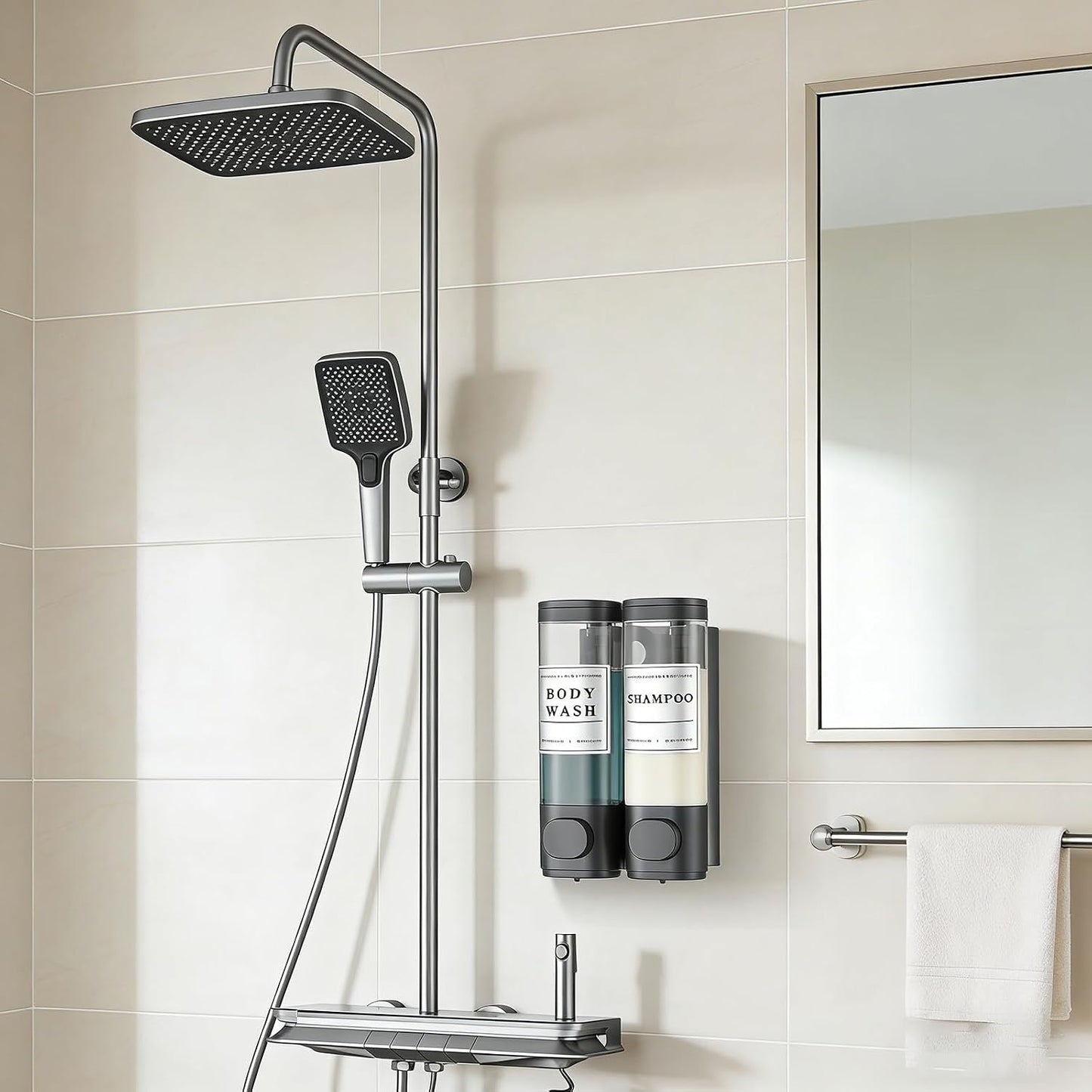Shampoo and Conditioner Dispenser, Shower Soap Dispenser Wall Mounted, Shampoo Dispenser for Shower Wall No Drill, Bathroom Body Wash Dispenser 3 * 350ml Silver 3 Chamber
