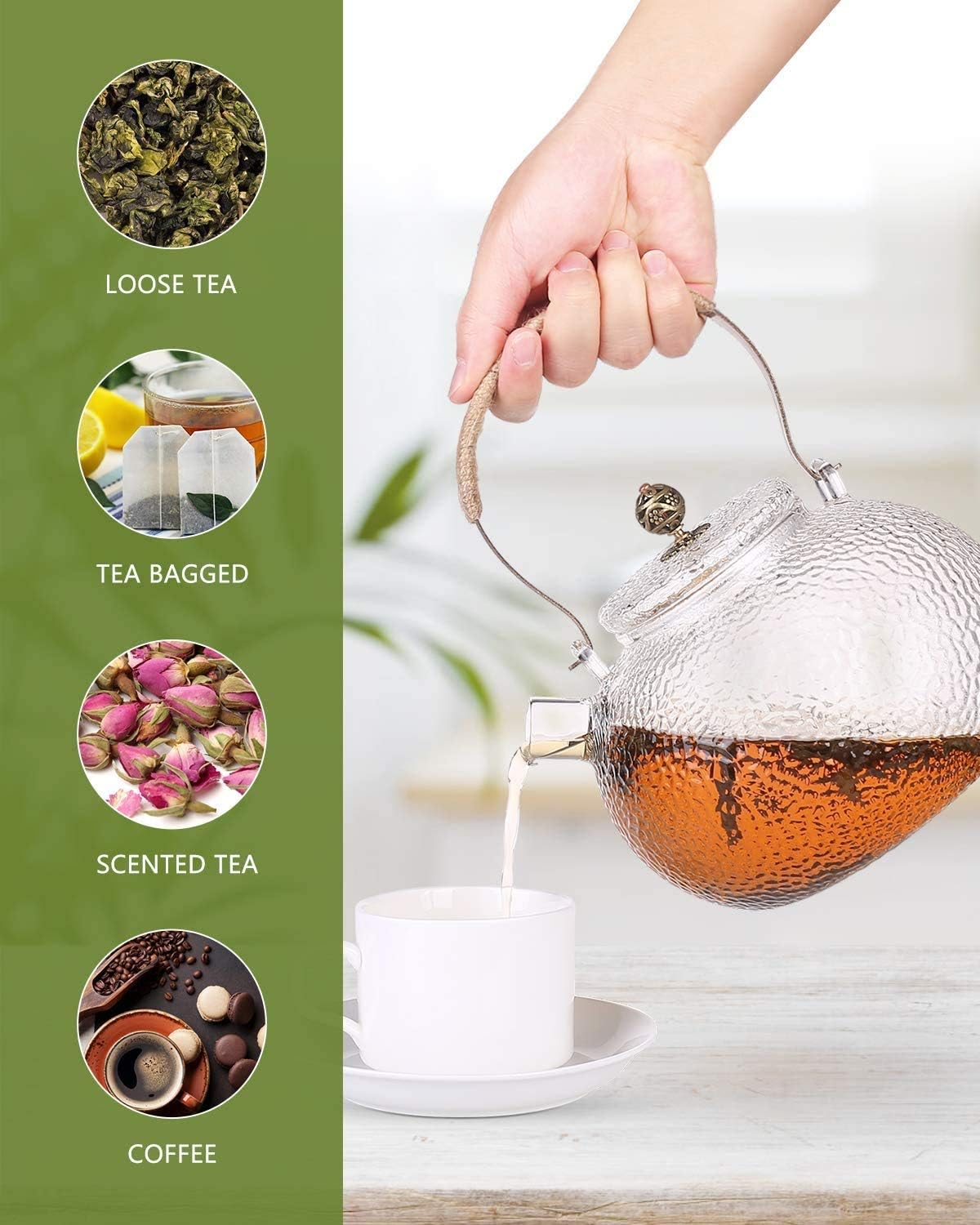 Glass Filtering Tea Maker Teapot with a Warmer and 6 Double-walled Tea Cups Set (Heating base, Standard)