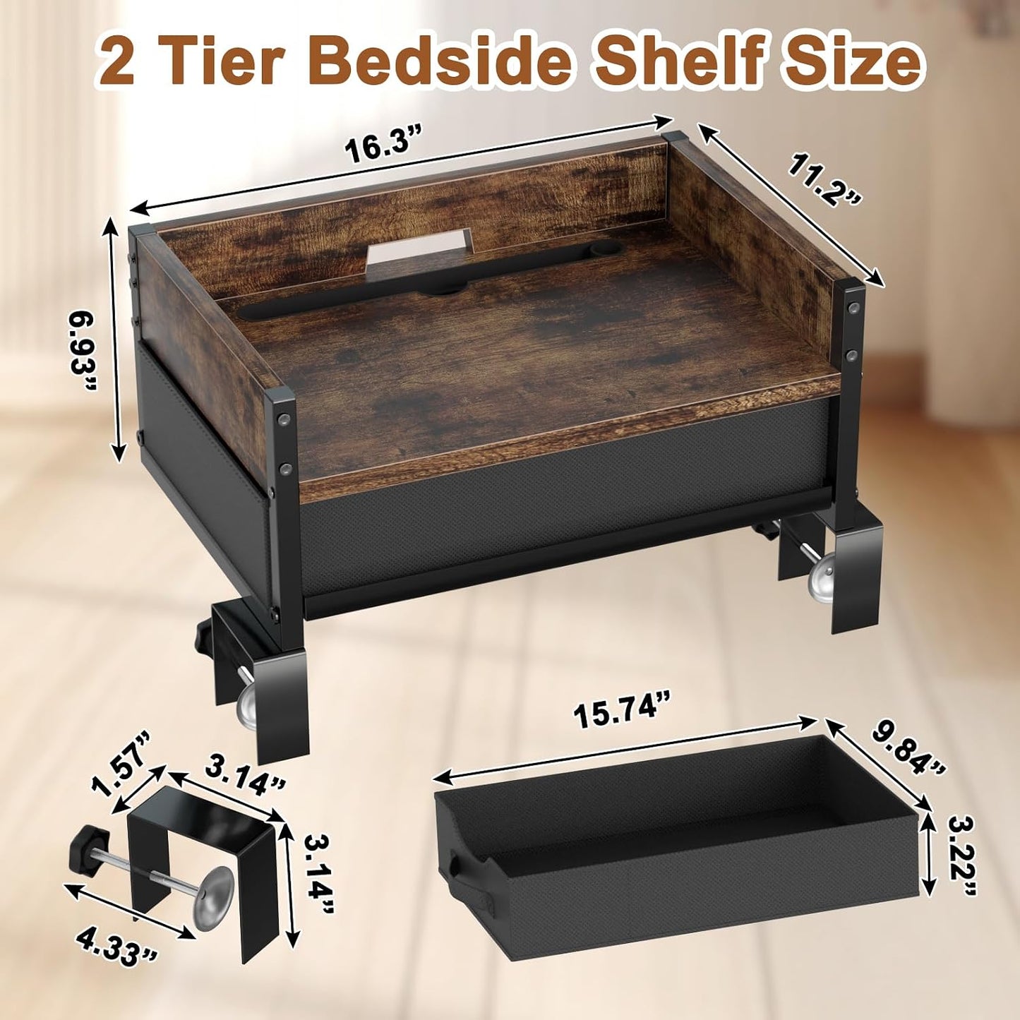 2 Tier Bedside Shelf, Clip on Bedside Caddy Organizer for Dorm Bunk Beds | Floating Nightstand Bed Side Table Storage with Fabric Drawer, Bunk Bed Accessories Bedside Tray for College, Back to School