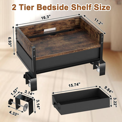 2 Tier Bedside Shelf, Clip on Bedside Caddy Organizer for Dorm Bunk Beds | Floating Nightstand Bed Side Table Storage with Fabric Drawer, Bunk Bed Accessories Bedside Tray for College, Back to School