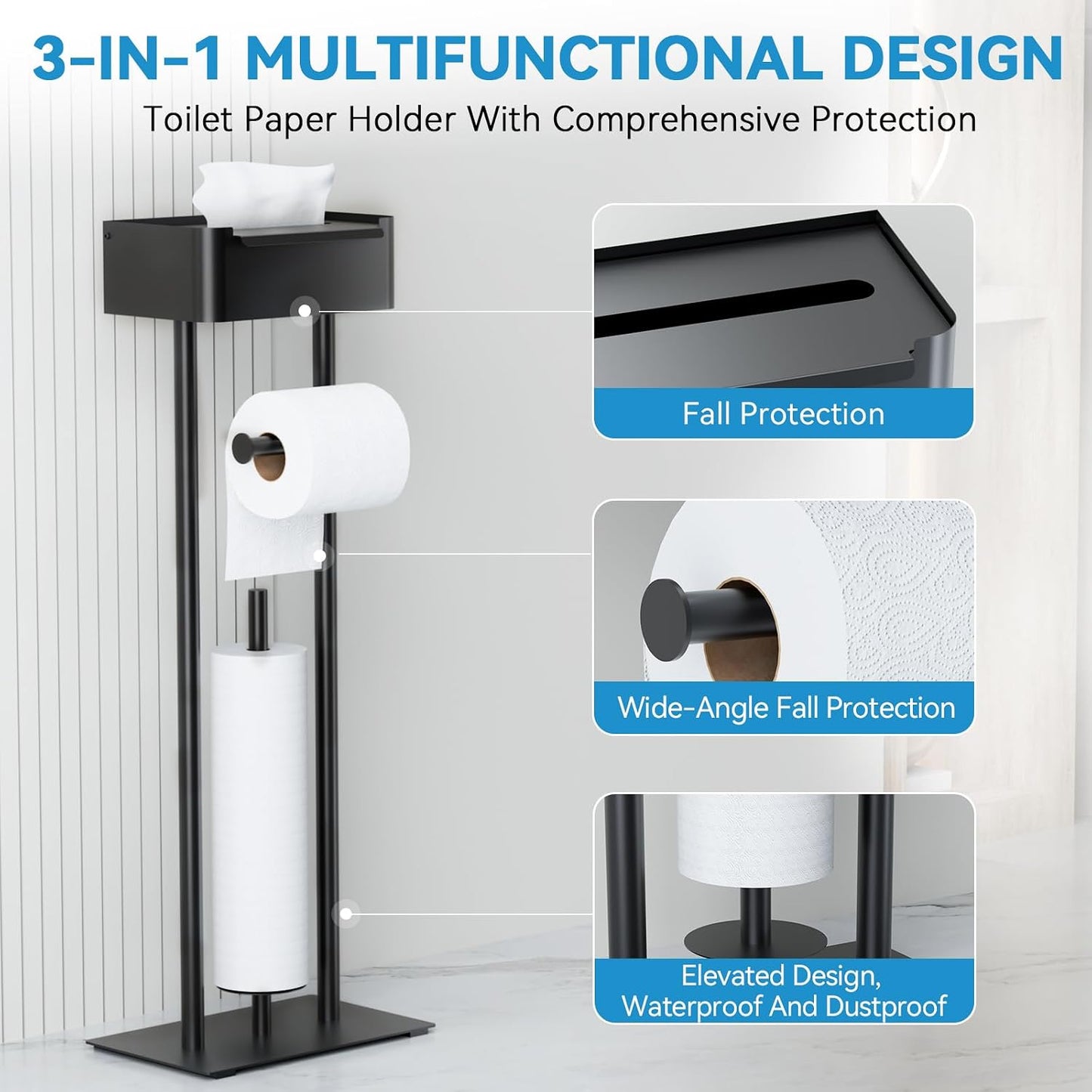 Toilet Paper Holder Free Standing - Toilet Paper Stand with Shelf | Storage for 4 Rolls- Bathroom Organizers, No Drill, for Large Toilet Rolls, 29.7 inch*12.6 inch (Matte Black)